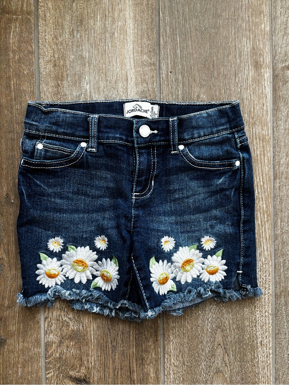 Jordache Dark Blue Denim Shorts with White Daisy Embroidery